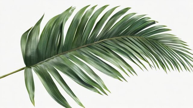 A single vibrant green palm-like leaf with visible ribbing and a central vein attached to the top of its stem, presented isolated on a plain white backdrop.