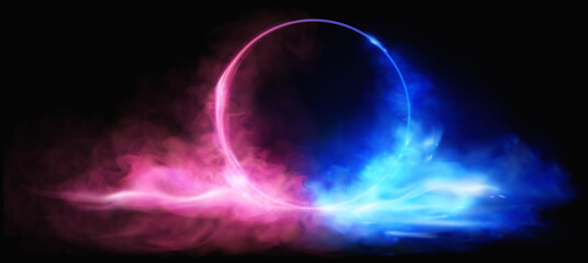 Abstract neon background with red and blue smoke clouds and a neon circle in the center. Neon glow effect. Neon smoke, fog. Vector illustration

