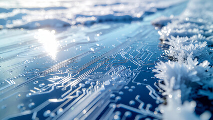 Frozen Circuit Board with Ice Crystals.