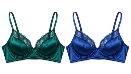 Two luxurious satin bras with delicate lace trim in vibrant emerald green and rich deep blue, offering comfort and style, isolated on white.