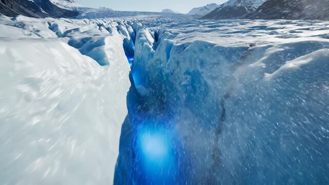 Ice glacier crevice with blue light