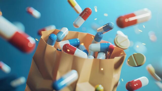 A vibrant array of capsules and tablets spill from an open paper sack
