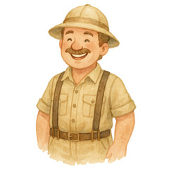 Obraz premium The Explorer: A jolly explorer, adorned in safari attire, radiates warmth with a smile, embodying the spirit of adventure.