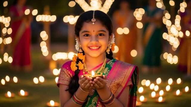 Little indian girl holding diya lamp at traditional festival, a symbol for celebration, hindu ritual, and joyful family gathering