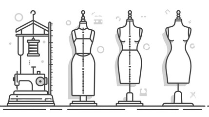 Fashion design elements dress forms sewing machine and spool illustration