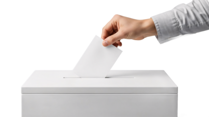 A close-up view of a hand inserting a blank white ballot into a modern, minimalist election box, symbolizing the crucial act of democratic participation and civic engagement during elections