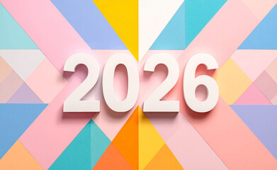 The year 2026 prominently displayed on a vibrant and colorful geometric background, symbolizing future planning, upcoming events, and modern design concepts