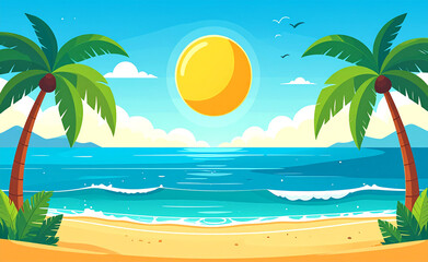 Sunny tropical beach with palm trees, ocean waves, and a bright sun in a clear sky, perfect for summer vacation