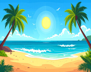 Idyllic Tropical Beach Scene with Palm Trees, Ocean Waves, and Sunny Sky