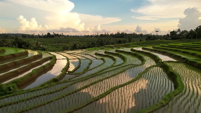 Terraced rice fields under cloudy sky