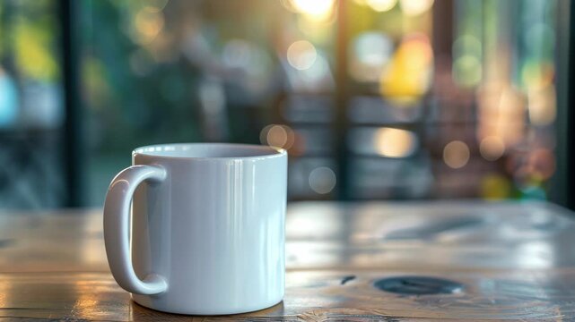 A white coffee cup with a handle on top of a wooden table.