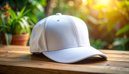 Unbranded white baseball cap resting on a natural wooden surface outdoors, bathed in warm sunlight with lush green foliage in a soft focus background, ready for customization