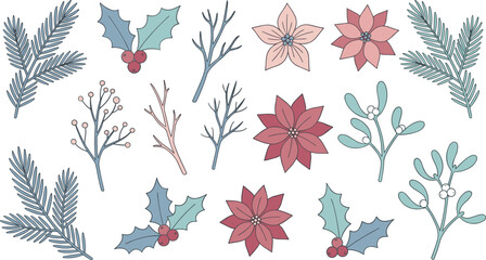 Hand drawn winter botanical elements set, Christmas flowers pine branches holly mistletoe berries festive illustration © Mizanur