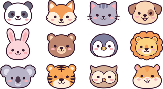 Cute kawaii animal face icon set, panda fox cat dog rabbit bear lion penguin cartoon vector illustration
