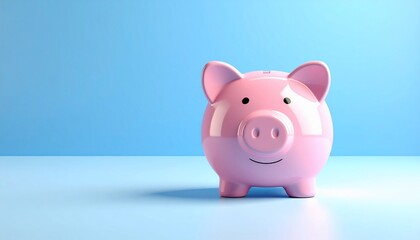 Pink ceramic piggy bank with smiling face on light blue surface, studio shot