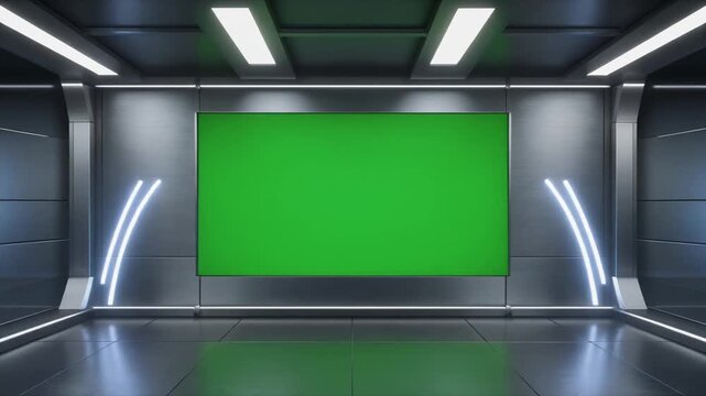 Modern futuristic virtual studio with large green screen for chroma key compositing.