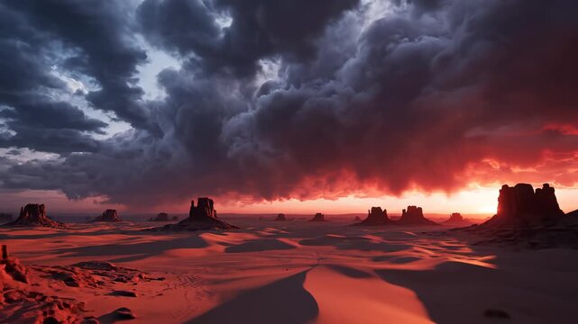 Desert landscape with rock formations and dramatic sky