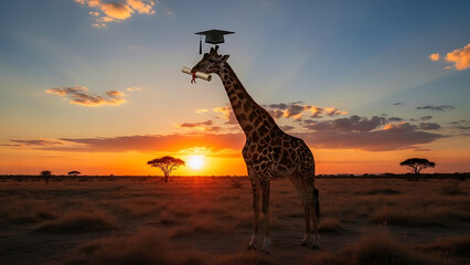 A giraffe in a graduation cap stands in the savannah at sunset, symbolizing achievement and education in a natural setting