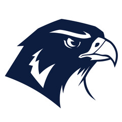 Obraz premium A stylized dark blue hawk head with white accents, depicted in profile facing right, on a plain white background.