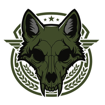 A stylized, menacing green wolf skull emblem with laurel wreaths and wings.