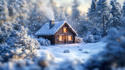 Snowy cabin in forest