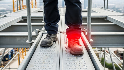 Construction worker's painful foot on scaffolding. Workplace injury, safety, and health concept.