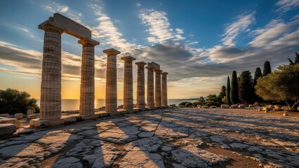 Ancient greek temple ruins near sea at sunset dslr background hd