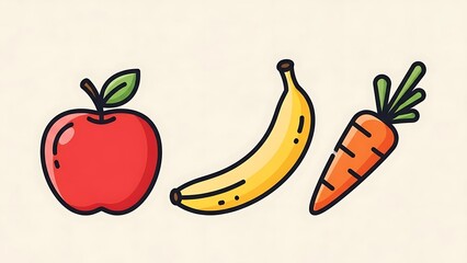 Cartoon Fruits and Vegetables on White Background.
