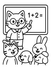 Math Class with Furry Friends: A charming cartoon depicts a cat teacher leading an engaging math lesson for a group of attentive animal students.