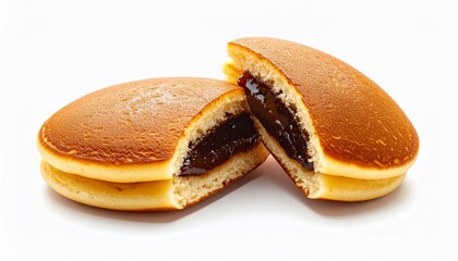 Two fluffy, golden-brown pancakes are split, revealing a dark filling, isolated on white