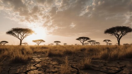 Serengeti Sunrise - Acacia Trees Silhouette Against a Golden Sky.