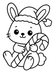 Fototapeta premium Festive Bunny with Candy Cane: A charming cartoon bunny wearing a Santa hat holds a candy cane, embodying holiday cheer and winter joy. 