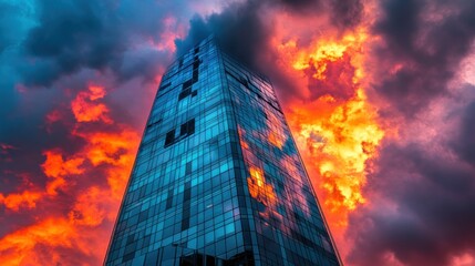 Skyscraper against dramatic sunset clouds