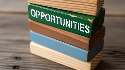 Stack of wooden blocks with Opportunities text on green block