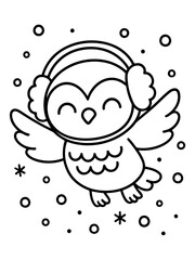 Fototapeta premium Winter Owl Illustration: An adorable owl with earmuffs amidst a gentle snowfall. The charming owl is smiling. Perfect for winter-themed projects, children's books, or festive designs.