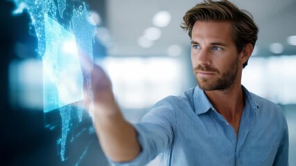 Confident young businessman interacts with a futuristic digital world map interface in a modern office environment. He focuses intently on innovative global technology solutions - Powered by Adobe