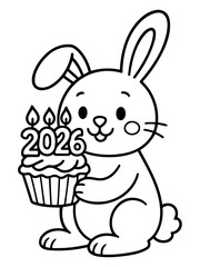 Bunny Birthday in 2026: A cute, cartoon bunny eagerly celebrates a special occasion, holding a cupcake with candles spelling out 2026.