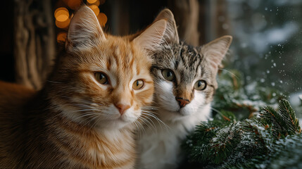 Fototapeta premium Cozy Duo: Two adorable cats, one ginger and one tabby, cuddle together. They are surrounded by festive decorations, creating a warm, heartwarming moment.