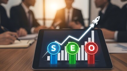 Business team analyzing SEO growth on tablet with graph and statistics