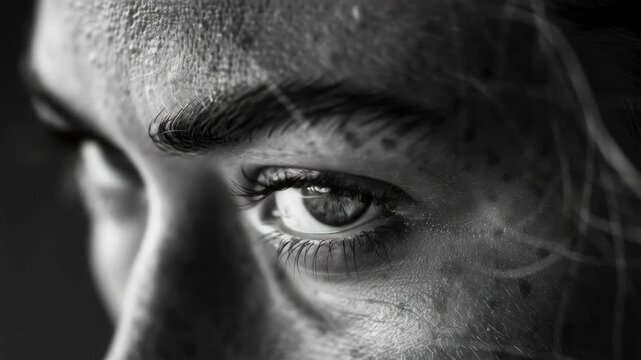 Close-up of woman with focused expression, looking slightly off to the side. Emotional, dramatic portrait with rich tones and blurred background for emphasis.