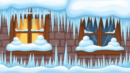 Snowy windows with icicles on a brick house in winter