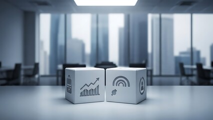 Business strategy cubes on modern office table with city view