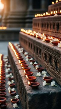 Clay oil lamp arranged on stone steps for a Diwali festival or special Indian occasion celebration Vertical video