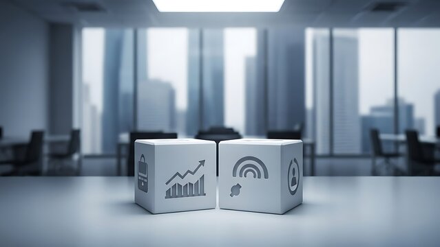 Business strategy cubes on modern office table with city view - Powered by Adobe