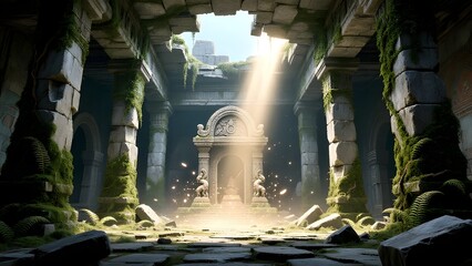 An atmospheric game concept art depicting the interior of an ancient temple