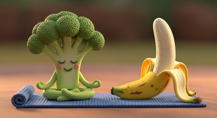 Cute Broccoli Character Meditating Next to a Banana on a Yoga Mat.