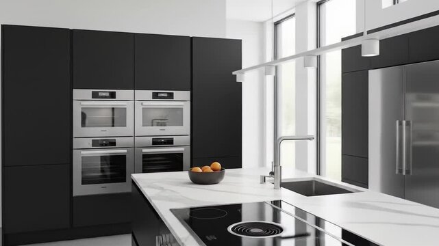 Modern kitchen interior with black cabinets, stainless steel appliances, and a white marble countertop. Perfect for home decor, interior design, and architecture projects.