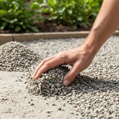Hand spreading decorative gravel for a garden path or landscaping project