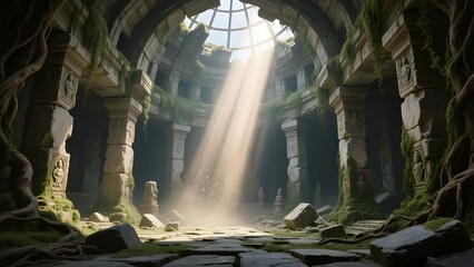 An atmospheric game concept art depicting the interior of an ancient temple