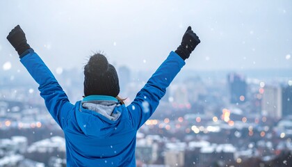 exhilarated person with arms raised in triumphant celebration amidst a gentle snowfall overlooking a softly blurred urban